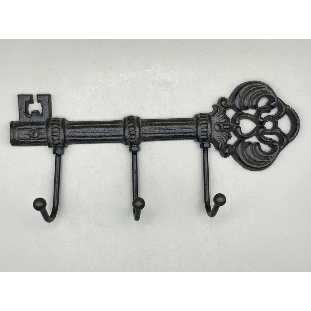 Vintage Cast Iron Skeleton Key Wall Hook Rack 3 Hooks Black Brown 9 Inch Decor